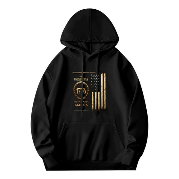 Men's Long Sleeve Hoodie Pullover Sweatshirt with Pockets American Flag Design ' UNITED STATES 1765 & 1776 ' Gold & White Print