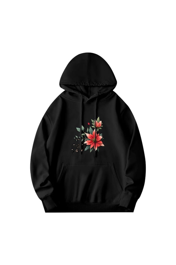 Men's Long Sleeve Hoodie Pullover Sweatshirt with Pockets Artistic Floral Design featuring Red Flowers & Green Leaves