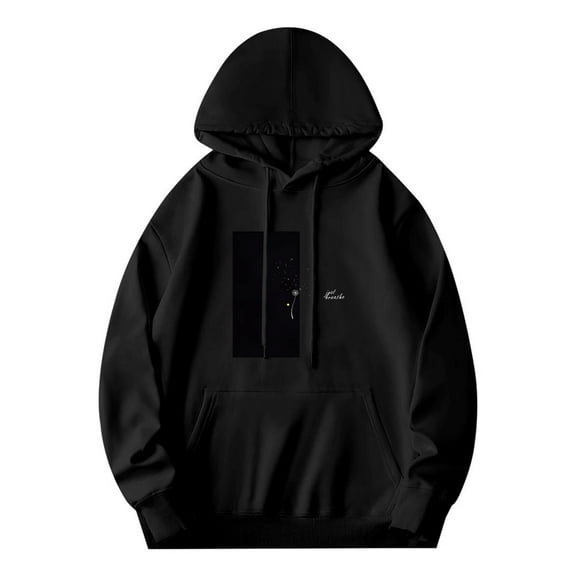 Men's Long Sleeve Hoodie Pullover Sweatshirt with Pockets Black Starry Design & Flower ' Sweet ' Cursive Print Relaxed Fit