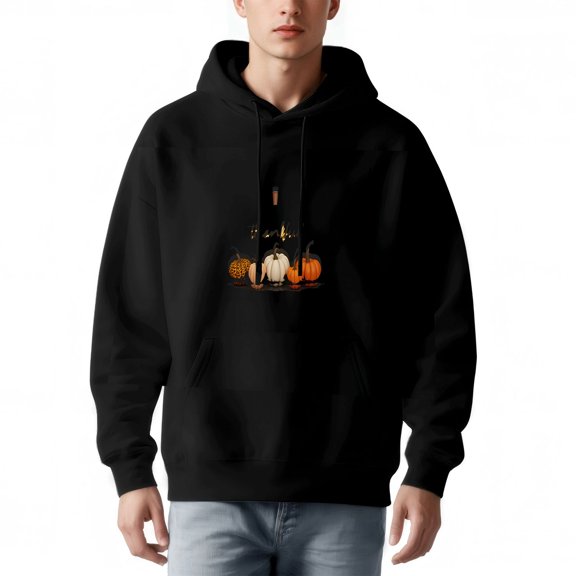 Men's Long Sleeve Hoodie Pullover Sweatshirt with Pockets - Black with Happy Pumpkins Design Relaxed Fit Drawstring Hood