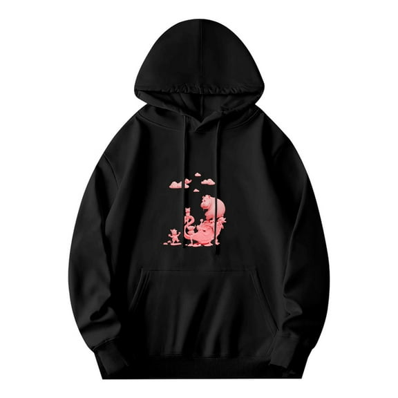 Men's Long Sleeve Hoodie Pullover Sweatshirt with Pockets - Black with Pink Rabbit Graphic Design Relaxed Fit