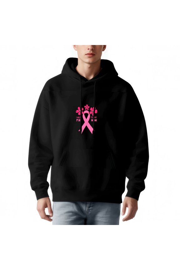 Men's Long Sleeve Hoodie Pullover Sweatshirt with Pockets Black with Pink Ribbon ' IN MEMORY PINK MOM ' Design
