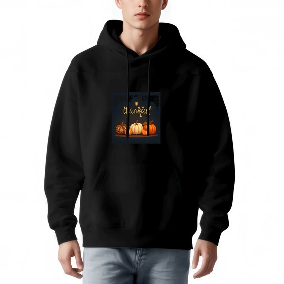 Men's Long Sleeve Hoodie Pullover Sweatshirt with Pockets - Black with Pumpkin Design and ' Transful ' Text Relaxed Fit