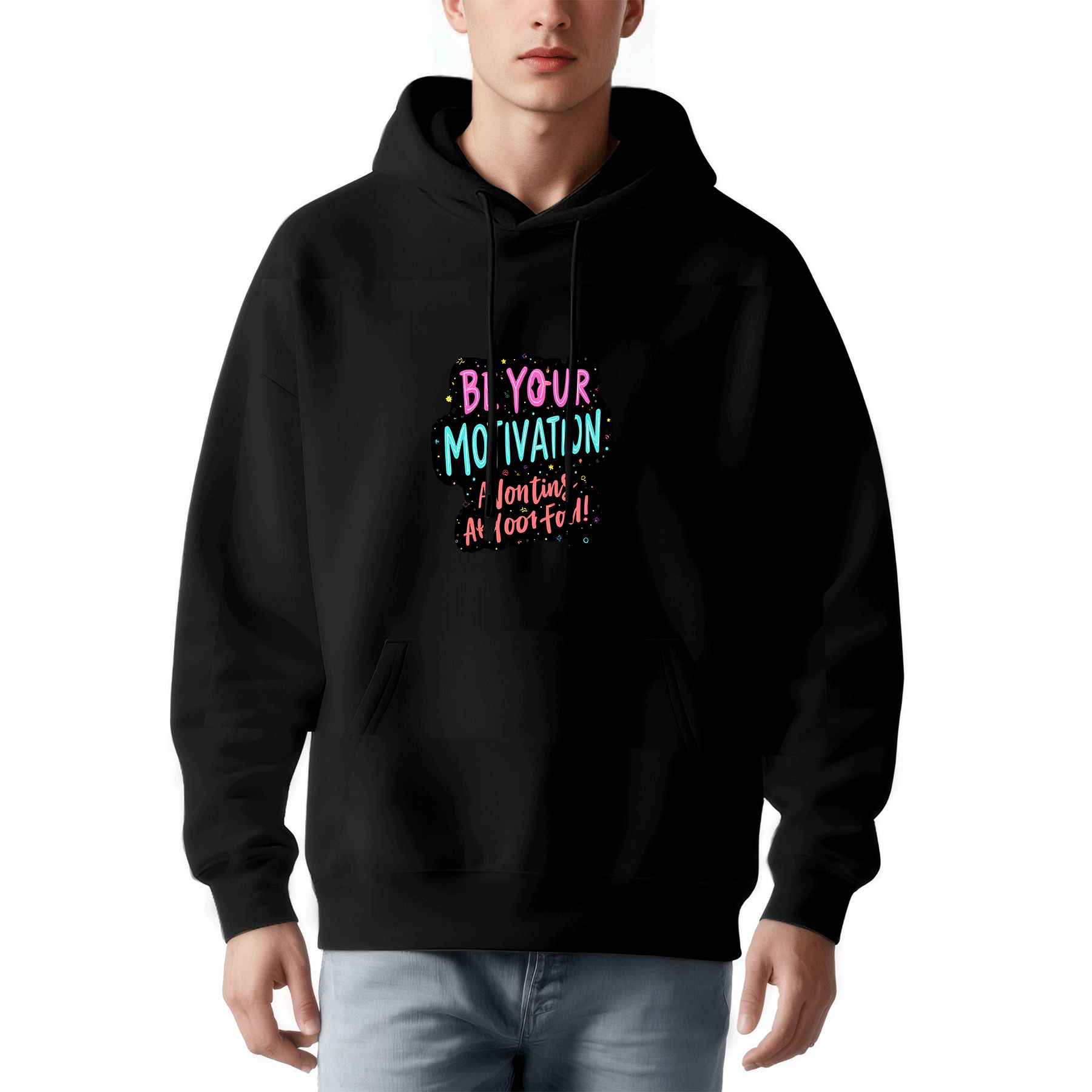 Men's Long Sleeve Hoodie Pullover Sweatshirt with Pockets - Colorful ' BE YOUR MOTIVATION ' Design Relaxed Fit Drawstring Hood