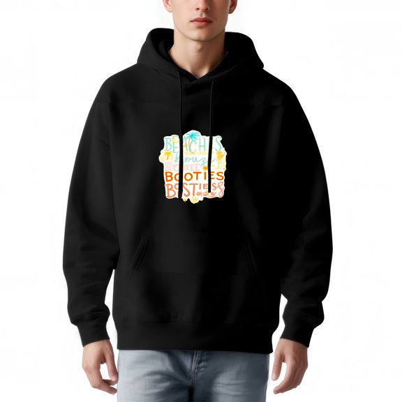 Men's Long Sleeve Hoodie Pullover Sweatshirt with Pockets - Colorful ' BEACHES ' & ' BOOTIES ' Graphic Palm Trees & Sun Design