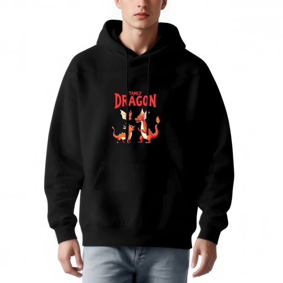Men's Long Sleeve Hoodie Pullover Sweatshirt with Pockets - Colorful Cartoon Dragon & Creatures Graphic Relaxed Fit Drawstrings