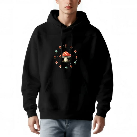 Men's Long Sleeve Hoodie Pullover Sweatshirt with Pockets - Colorful Mushroom Design Relaxed Fit Drawstring Hood