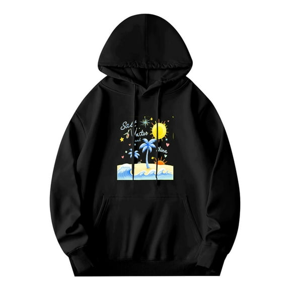 Men's Long Sleeve Hoodie Pullover Sweatshirt with Pockets - Colorful Palm Tree Sun & Waves Design ' See the Light Shine '