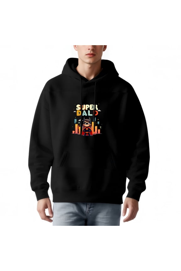 Men's Long Sleeve Hoodie Pullover Sweatshirt with Pockets - Colorful ' SUPER DAD ' Graphic Design with Cityscape