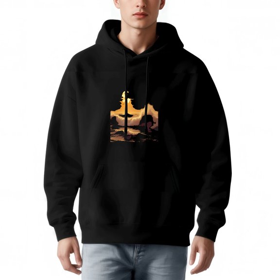 Men's Long Sleeve Hoodie Pullover Sweatshirt with Pockets - Dramatic Sunset Graphic Design with Silhouetted Figures & Dragon Creature