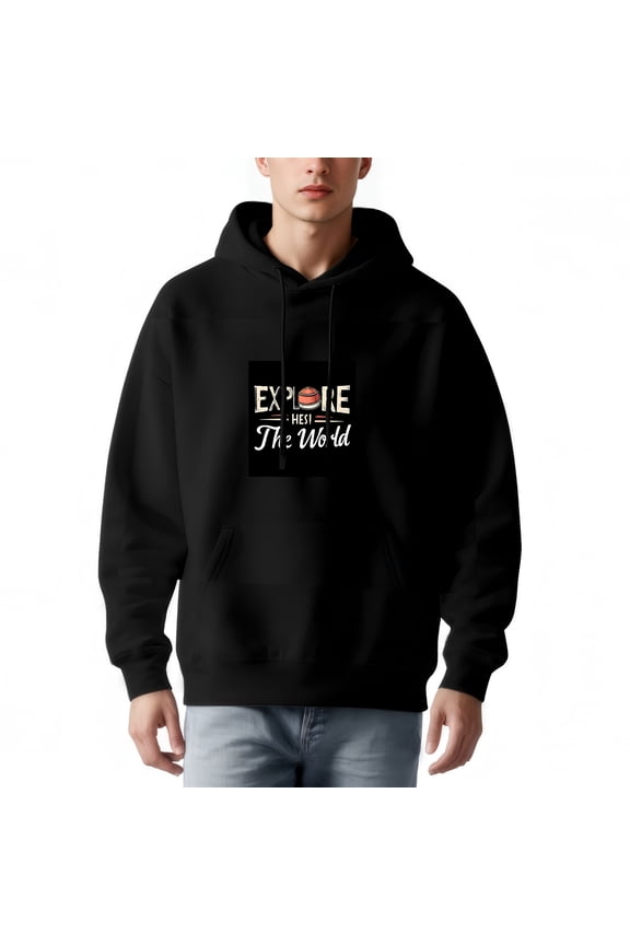 Men's Long Sleeve Hoodie Pullover Sweatshirt with Pockets - ' EXPLORE THE WORLD ' Graphic Globe Design Relaxed Fit Drawstring Hood