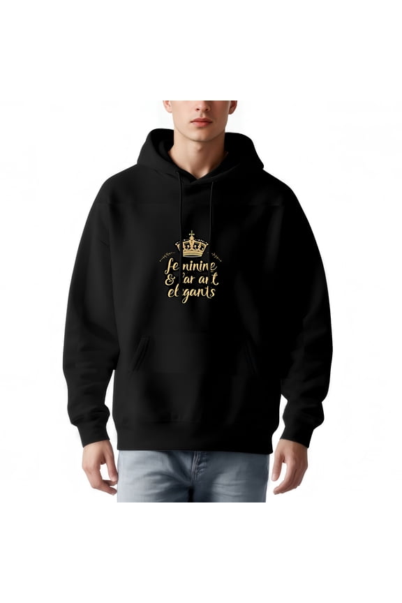 Men's Long Sleeve Hoodie Pullover Sweatshirt with Pockets Elegant Black Design featuring Golden Crown & ' Feminine & Art Elegant ' Text