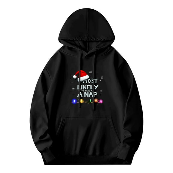 Men's Long Sleeve Hoodie Pullover Sweatshirt with Pockets - Festive Design featuring Santa Hat Snowflakes & Colorful Christmas Lights