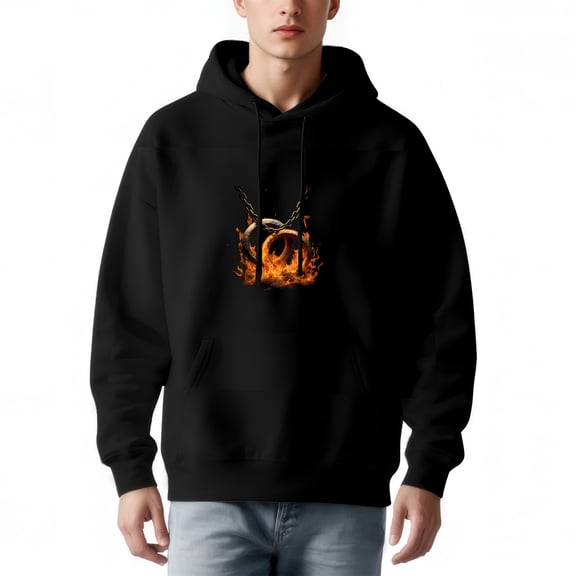 Men's Long Sleeve Hoodie Pullover Sweatshirt with Pockets - Fiery Circular Symbol & Lightning Bolts Design on Orange - Yellow Background