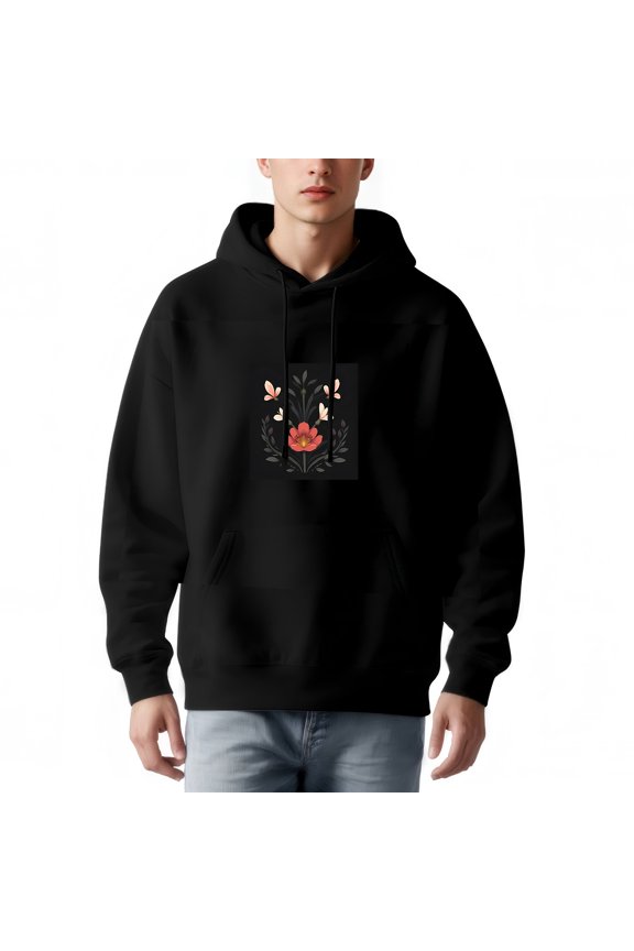 Men's Long Sleeve Hoodie Pullover Sweatshirt with Pockets Floral Design featuring Central Red Flower & Green Leaves Relaxed Fit