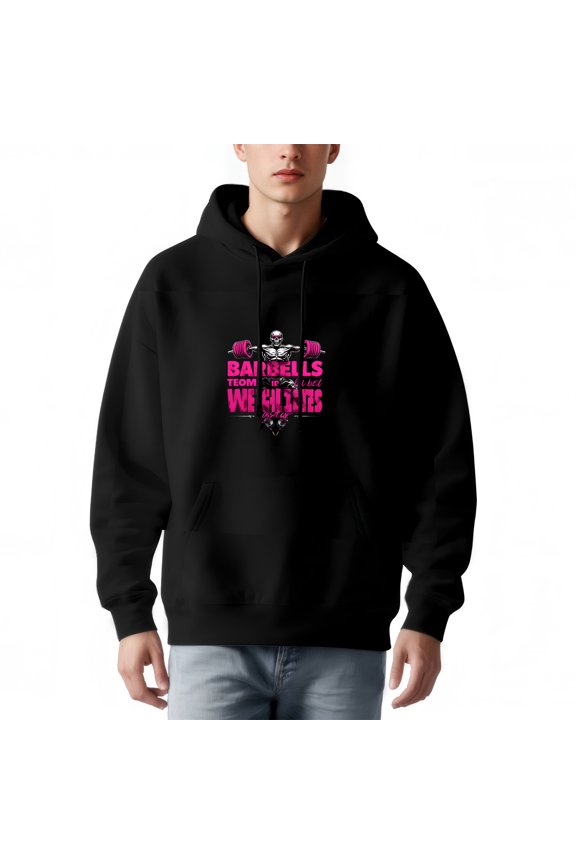 Men's Long Sleeve Hoodie Pullover Sweatshirt with Pockets - Graphic Design of Muscular Figure Lifting Weights ' BARBELLS FOR THE WRESTLERS '