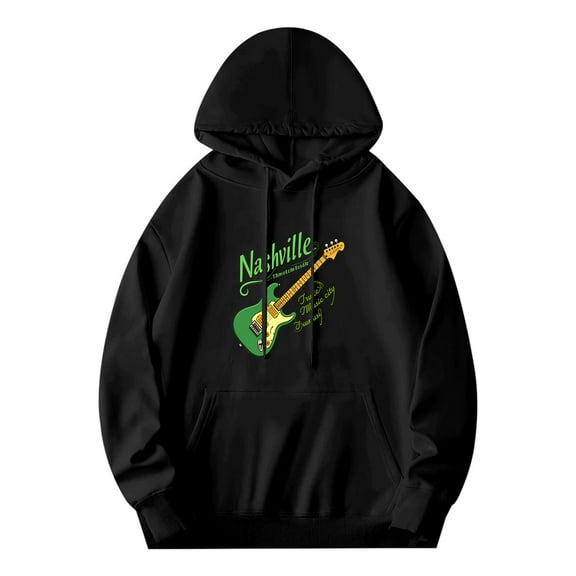 Men's Long Sleeve Hoodie Pullover Sweatshirt with Pockets - Nashville Graphic Design Green Electric Guitar & Cursive Text