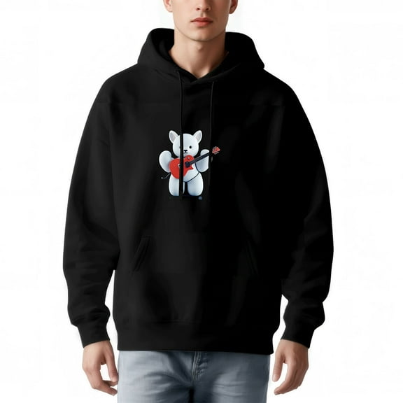 Men's Long Sleeve Hoodie Pullover Sweatshirt with Pockets - Playful Cartoon White Bear with Red Guitar Design