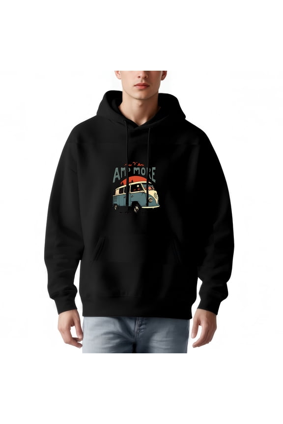 Men's Long Sleeve Hoodie Pullover Sweatshirt with Pockets - Retro Vintage Van Graphic ' I'm More ' Text Adventure Style