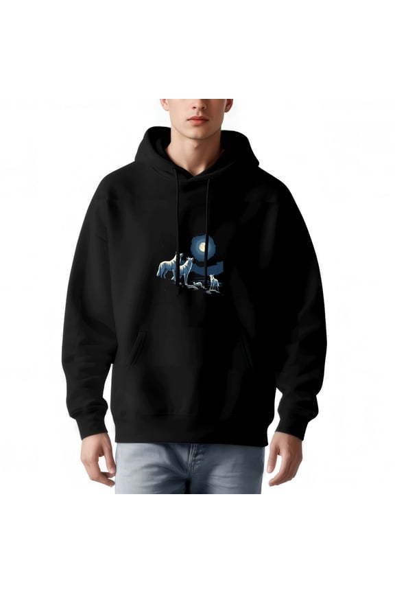 Men's Long Sleeve Hoodie Pullover Sweatshirt with Pockets - Stylish Animal Silhouette Design Featuring Wolves on Blue Background
