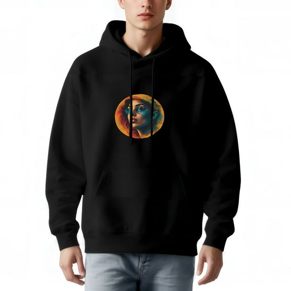 Men's Long Sleeve Hoodie Pullover Sweatshirt with Pockets - Stylish Black Hoodie featuring Vibrant Multicolored Woman ' s Portrait Design