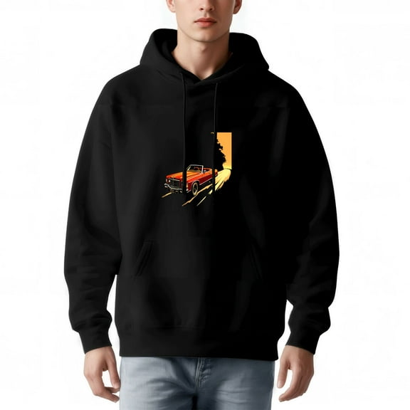 Men's Long Sleeve Hoodie Pullover Sweatshirt with Pockets - Stylish Black Hoodie featuring a Graphic Red Truck in Sunset Hues