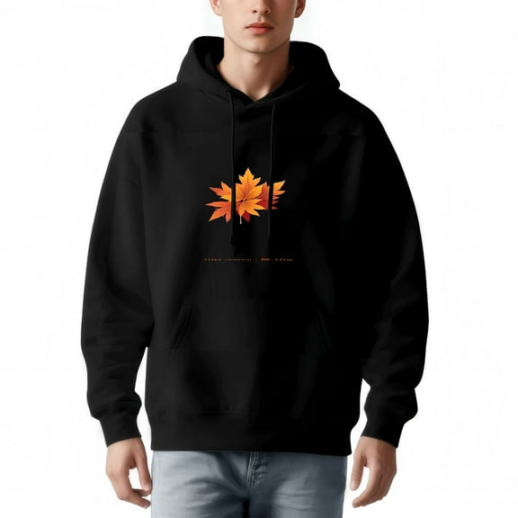Men's Long Sleeve Hoodie Pullover Sweatshirt with Pockets Stylish Black with Orange & Red Leaf Graphic ' PEOPLE FAMILY LOVE '