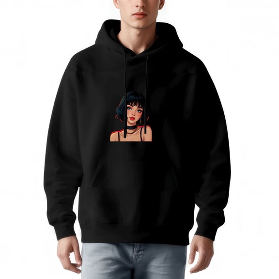 Men's Long Sleeve Hoodie Pullover Sweatshirt with Pockets - Stylish Graphic Design of a Female Character with Choker & Strap