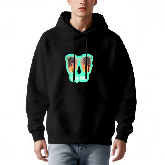 Men's Long Sleeve Hoodie Pullover Sweatshirt with Pockets - Stylish Skull & Palm Trees Graphic Turquoise Outline Sunset Gradient