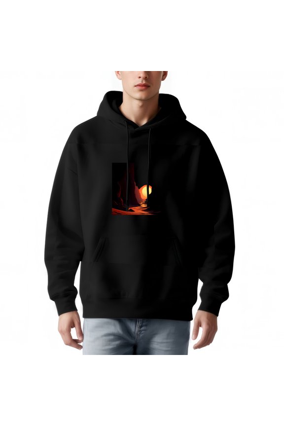 Men's Long Sleeve Hoodie Pullover Sweatshirt with Pockets - Sunset Landscape Design Warm Glow Over Terrain Stylish & Cozy