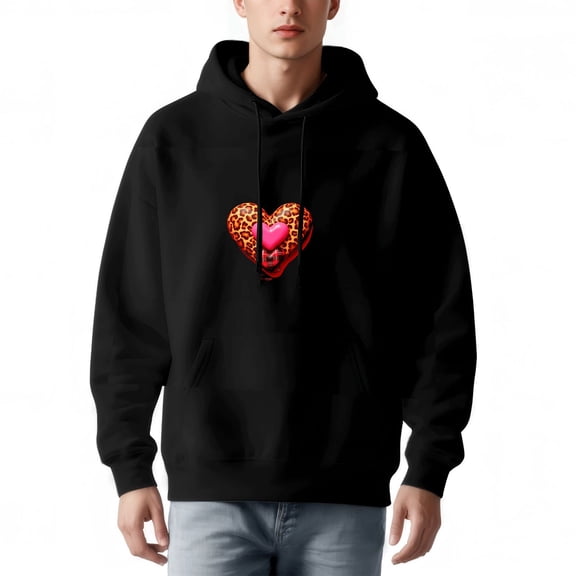 Men's Long Sleeve Hoodie Pullover Sweatshirt with Pockets Trendy Black Design featuring Colorful Print and Pink Heart