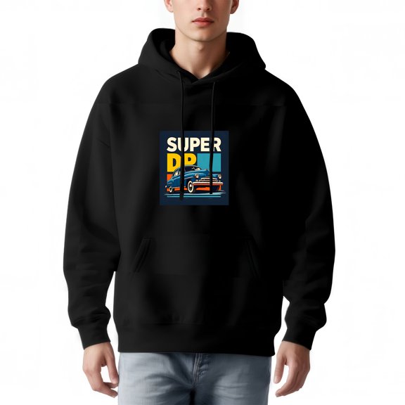 Men's Long Sleeve Hoodie Pullover Sweatshirt with Pockets - Vibrant ' SUPER DR ' Graphic Colorful Car Design Sporty Style