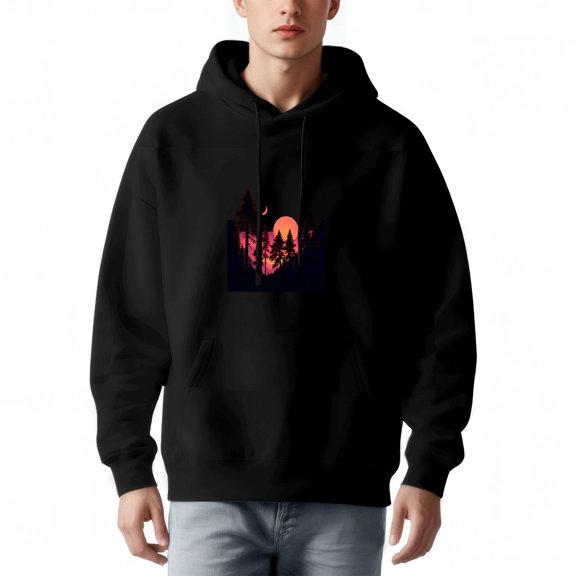 Men's Long Sleeve Hoodie Pullover Sweatshirt with Pockets - Vibrant Sunset Forest Graphic Silhouetted Trees & Glowing Red Moon