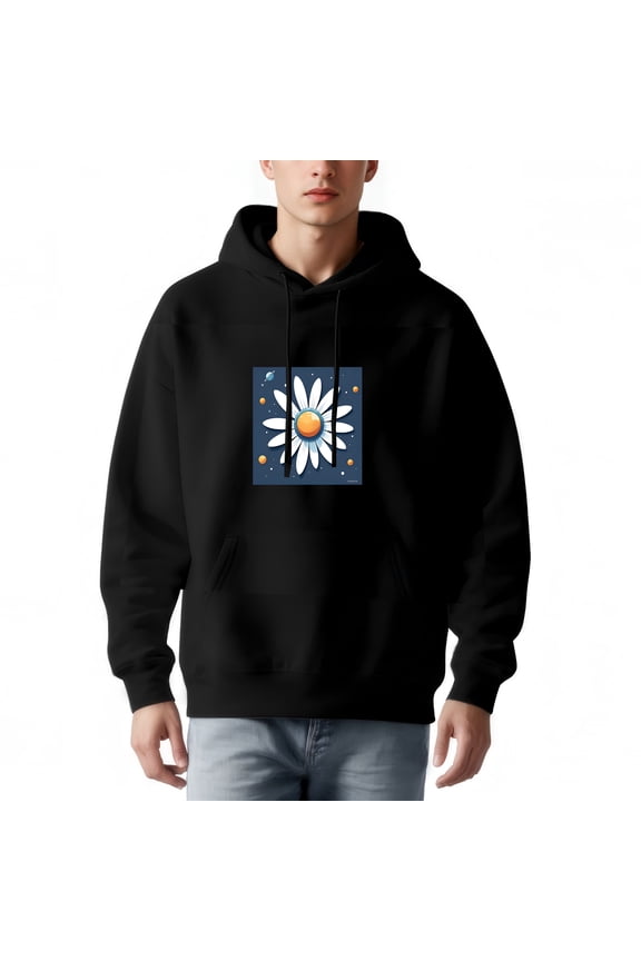 Men's Long Sleeve Hoodie Pullover Sweatshirt with Pockets - Whimsical Daisy Graphic on Dark Blue Playful Orange & Blue Accents