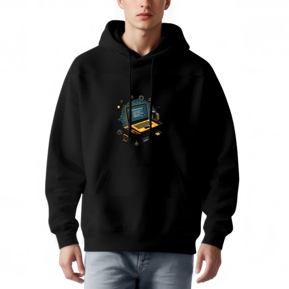 Men's Long Sleeve Hoodie Pullover Sweatshirt with Tech Design: Laptop Code on Screen Pockets Drawstring Hood