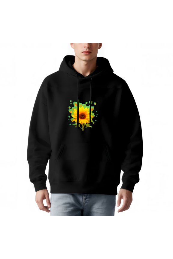 Men's Long Sleeve Hoodie Pullover Sweatshirt with Vibrant Sunflower Graphic Front Pocket and Drawstrings - Eye - Catching Design