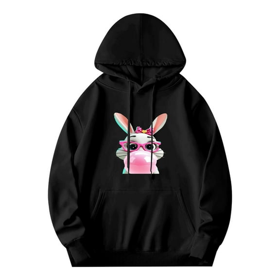 Men's Long Sleeve Hoodie Pullover with Colorful Cartoon Rabbit Design - Pink Eyes Crown Front Pocket Stylish & Fun