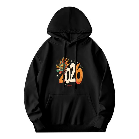 Men's Long Sleeve Hoodie Pullover with Colorful Dragon Design & ' 2026 ' Print Front Pocket Adjustable Drawstrings