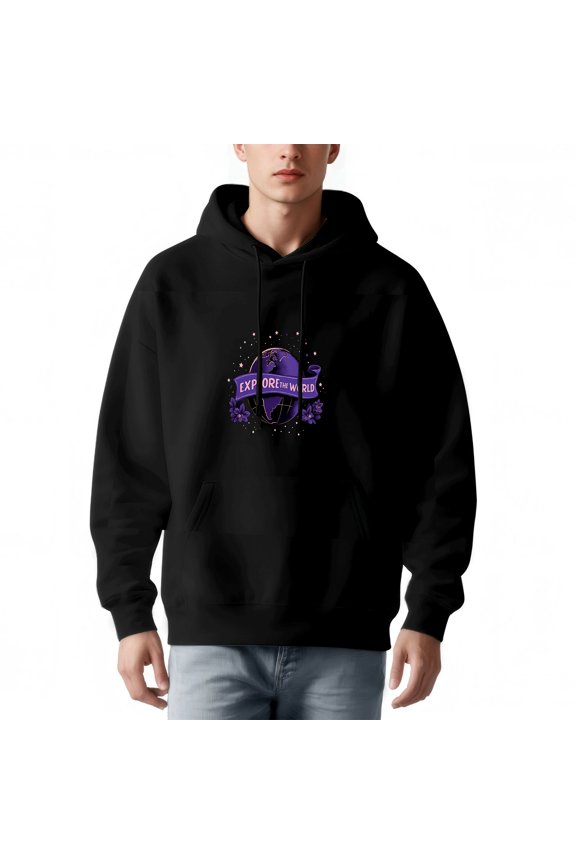 Men's Long Sleeve Hoodie Pullover with Front Pocket Black with Purple Globe Design & ' EX LORE IN WORLD ' Banner Stars & Floral Accents