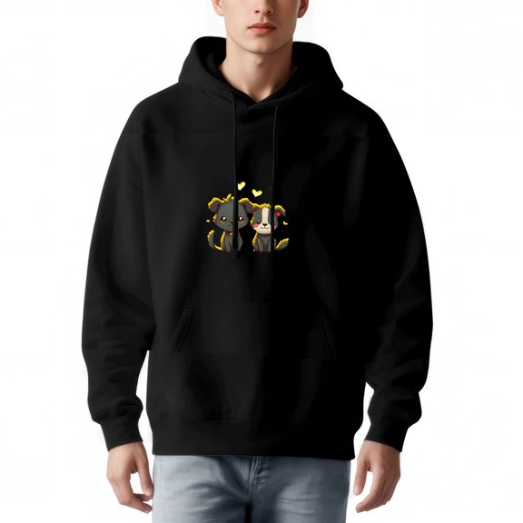 Men's Long Sleeve Hoodie Pullover with Front Pocket Cartoon Animals Design with Hearts Relaxed Fit Drawstring Hood