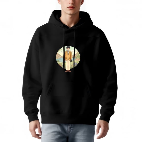 Men's Long Sleeve Hoodie Pullover with Front Pocket Cartoon Character Design in Scenic Nature Background Relaxed Fit Sweatshirt
