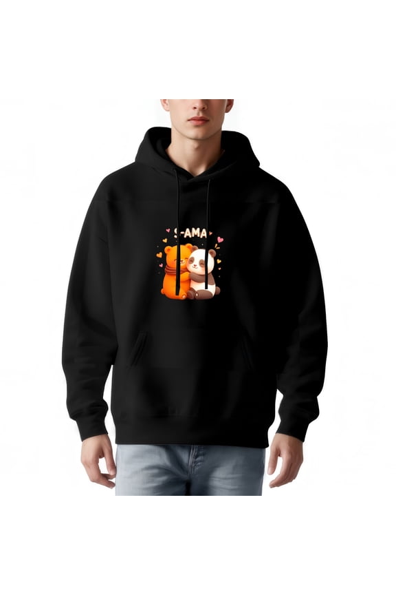 Men's Long Sleeve Hoodie Pullover with Front Pocket - Cute Cartoon Orange Bear & Panda Hugging ' AMAI ' Graphic Relaxed Fit