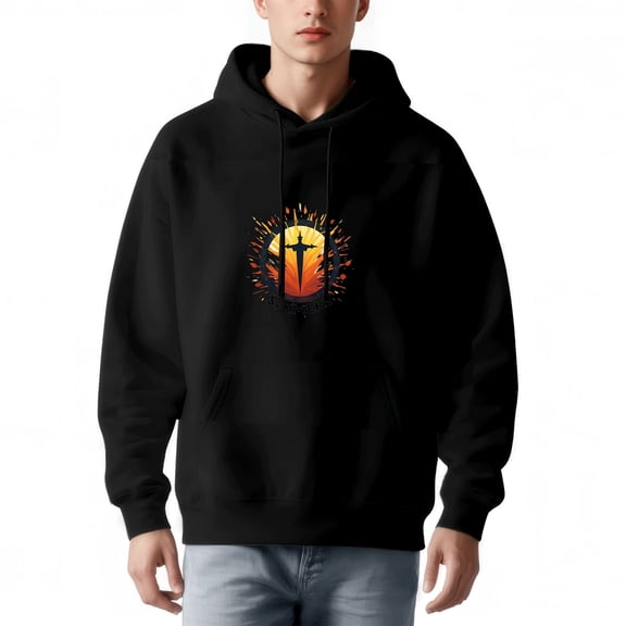 Men's Long Sleeve Hoodie Pullover with Front Pocket Stylish Sun & Flame Graphic ' IMPER ' Design Relaxed Fit Drawstring Hood