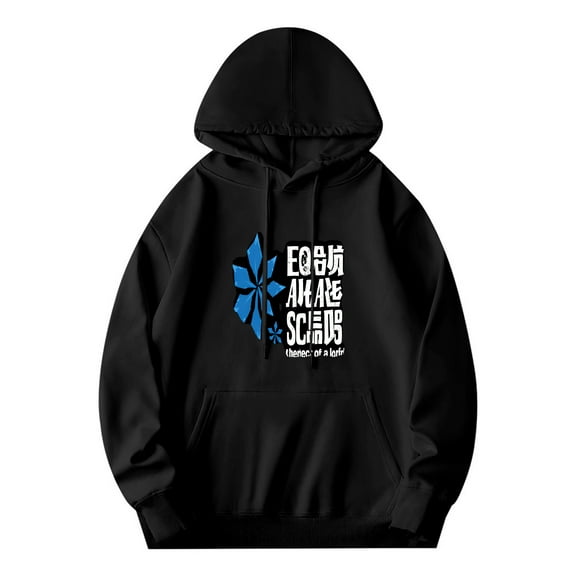 Men's Long Sleeve Hoodie Pullover with Pockets - Black with Blue Geometric Flower Design & ' EO 花の花 ' Text