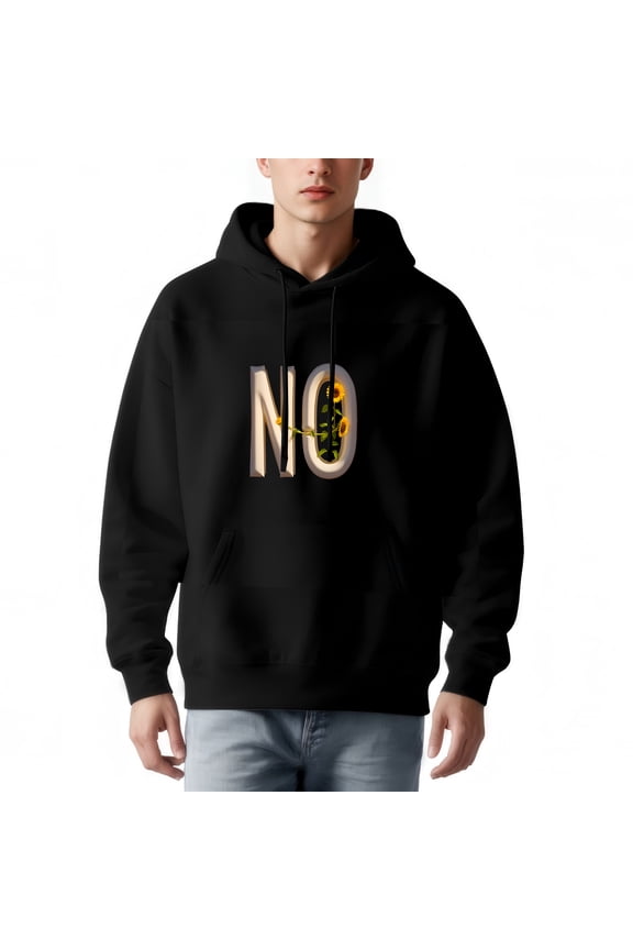 Men's Long Sleeve Hoodie Pullover with Pockets - Bold ' NO ' Graphic & Whimsical Sunflower Design 3D Effect Casual Style
