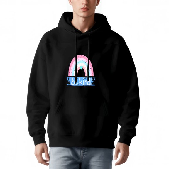 Men's Long Sleeve Hoodie Pullover with Pockets - Colorful ' Be Kind ' Rainbow Design Relaxed Fit Drawstring Hood