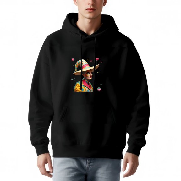 Men's Long Sleeve Hoodie Pullover with Pockets - Colorful Illustration of a Person in a Patterned Hat & Whimsical Design