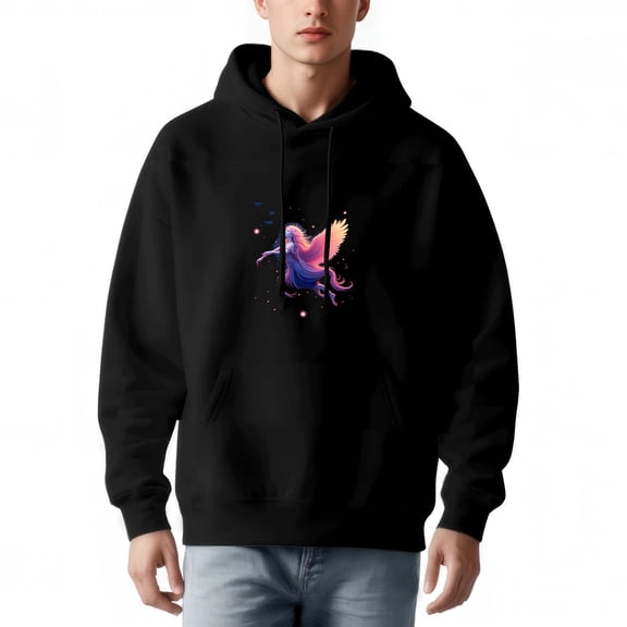 Men's Long Sleeve Hoodie Pullover with Pockets - Colorful Mythical Creature Design with Wings Flowing Hair & Dots