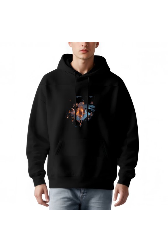 Men's Long Sleeve Hoodie Pullover with Pockets - Futuristic Cityscape Graphic in Warm Orange & Blue Hues Modern Digital Design