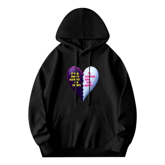 Men's Long Sleeve Hoodie Pullover with Pockets - Graphic Heart Design in Purple & Blue Funny Text Relaxed Fit Sweatshirt